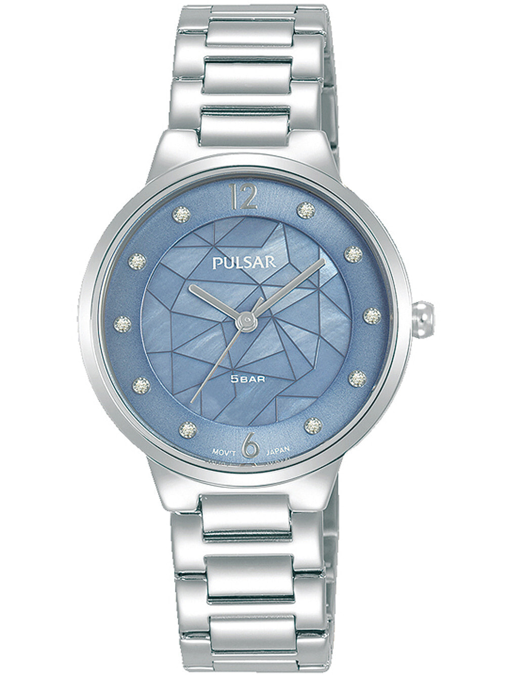 Женские наручные кварцевые часы Pulsar ремешок из нержавеющей стали. Водонепроницаемость-5 АТМ. Защищенное от царапин минеральное стекло защищает ваши часы от непроизвольных травм.  Украшен камнями  Swarovski  перламутровый циферблат.