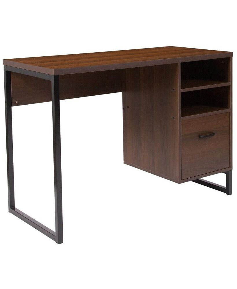 MERRICK LANE brighton Rustic Computer Desk With Shelving And Storage Drawer Metal Frame Pedestal Base Home Office Desk