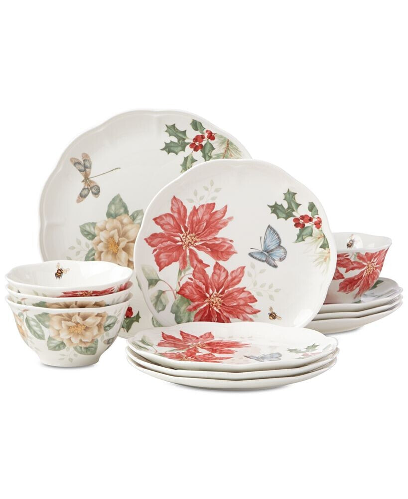 Butterfly Meadow Holiday 12-Piece Dinnerware Set Poinsettias and Jasmine Design, Created for Macy's