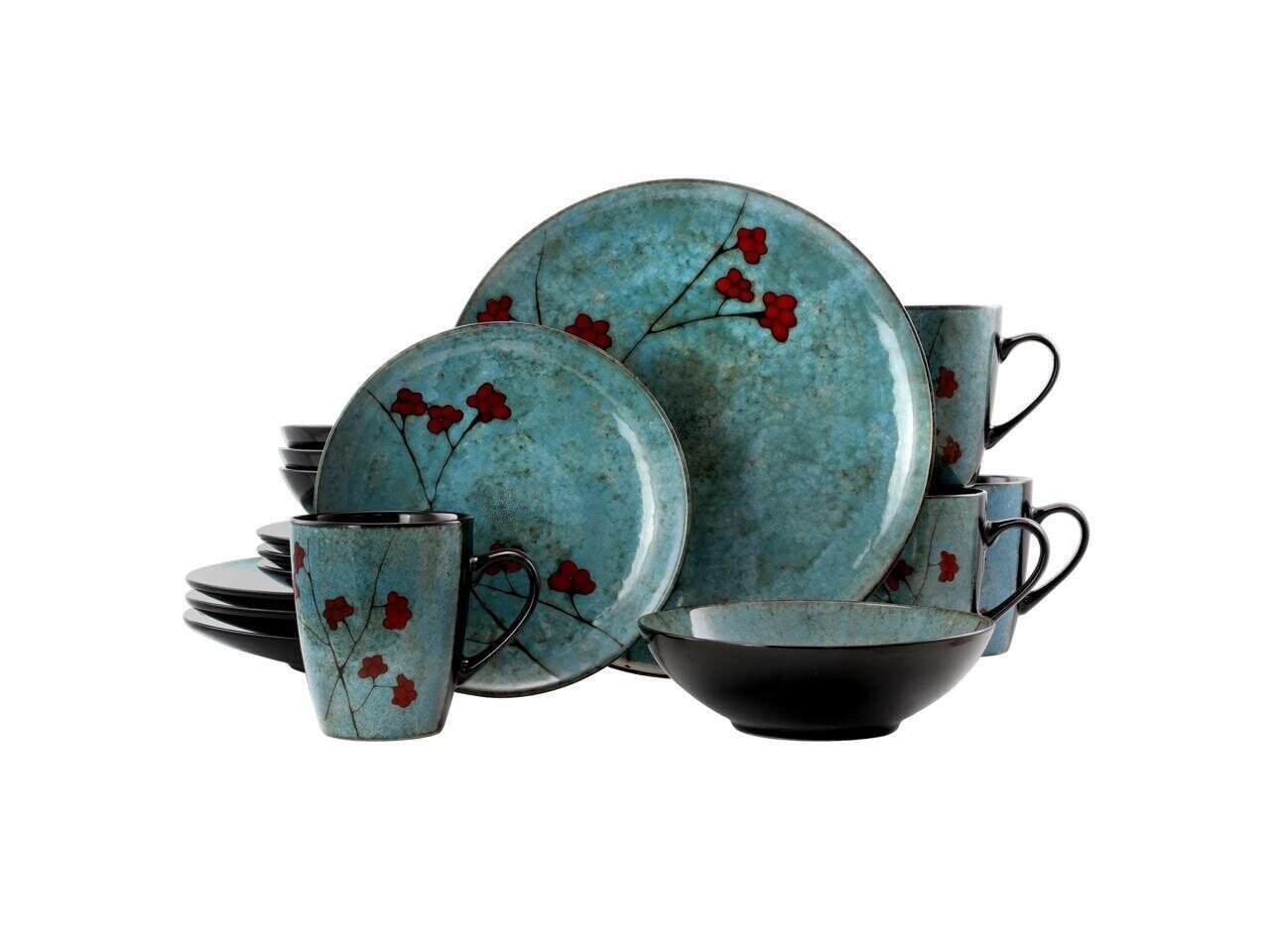 Elama Floral Accents 16 Piece Dinnerware Set in Blue