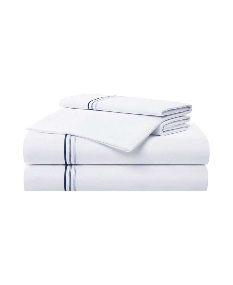 Sateen Twin Sheet Set, 1 Flat Sheet, 1 Fitted Sheet, 2 Pillowcases, 600 Thread Count, Sateen Cotton, Pristine White with Fine Baratta Embroidered 3-Striped Hem