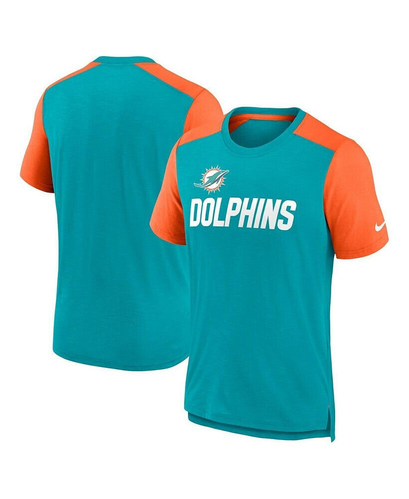 Nike men's Heathered Aqua, Heathered Orange Miami Dolphins Color Block Team Name T-shirt