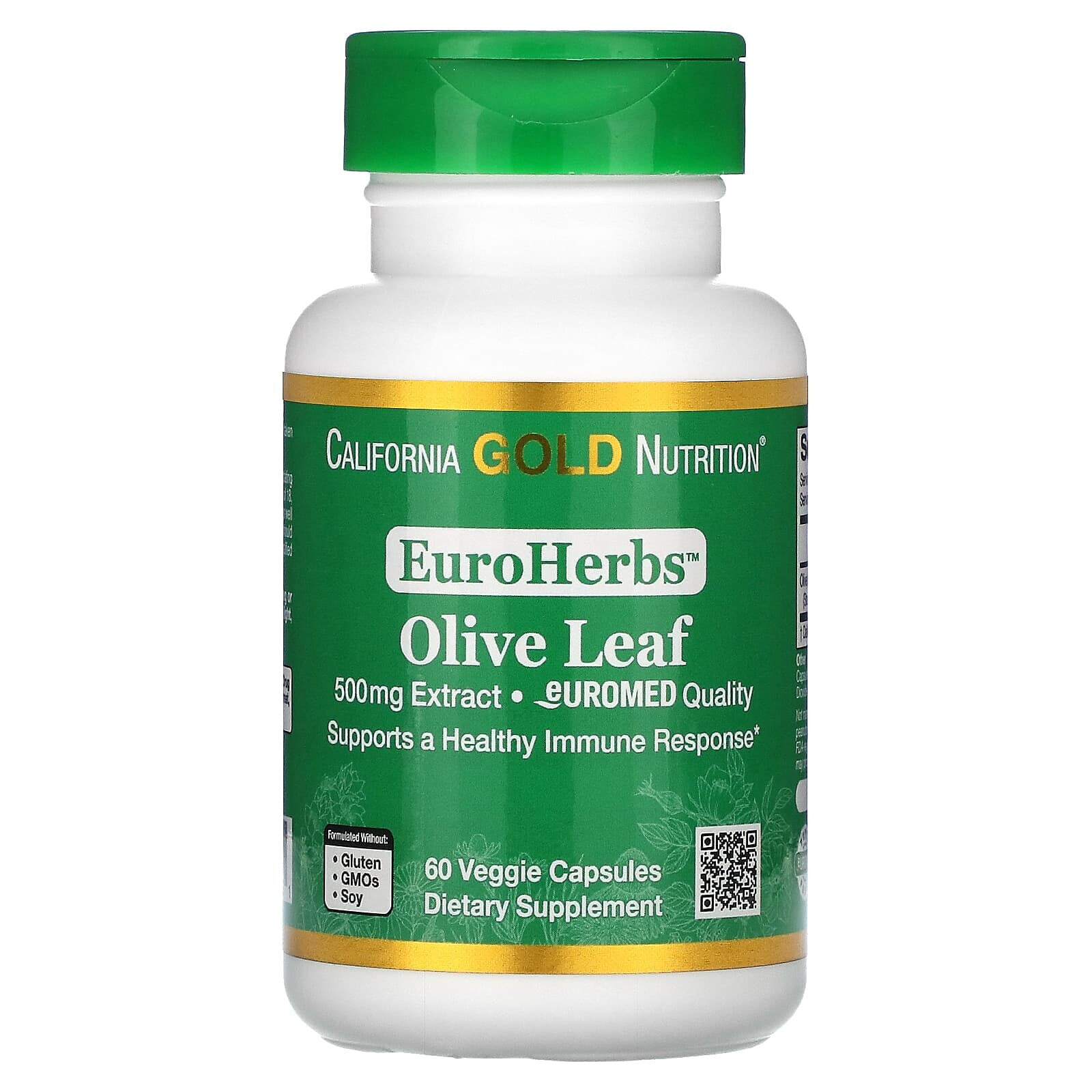 California Gold Nutrition, Экстракт из листьев оливкового дерева, EuroHerbs, европейское качество, 500 мг, 180 растительных капсул