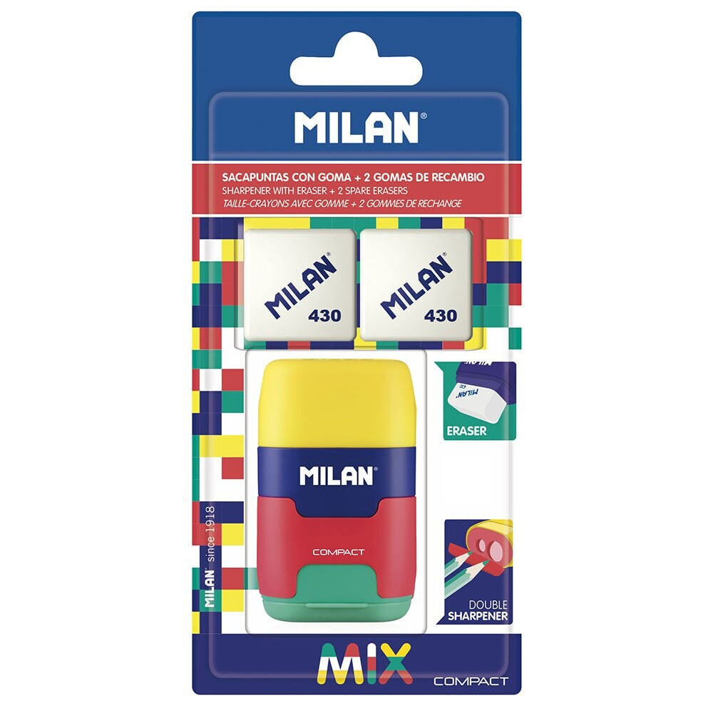MILAN Blister Pack Eraser With Pencil Sharpener Compact Mix+2 Spare Erasers