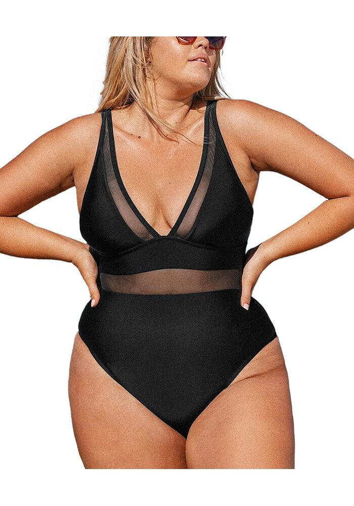CUPSHE women's Plus Size One Piece Swimsuit V Neck Mesh Sheer Bathing Suit
