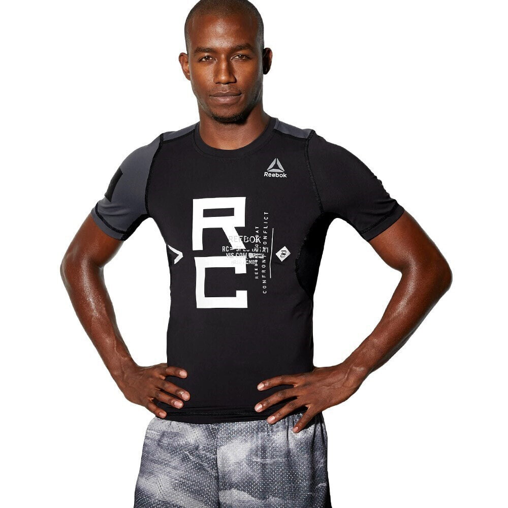 Мужская футболка спортивная черная с принтом Reebok Combat SS Rash Guard