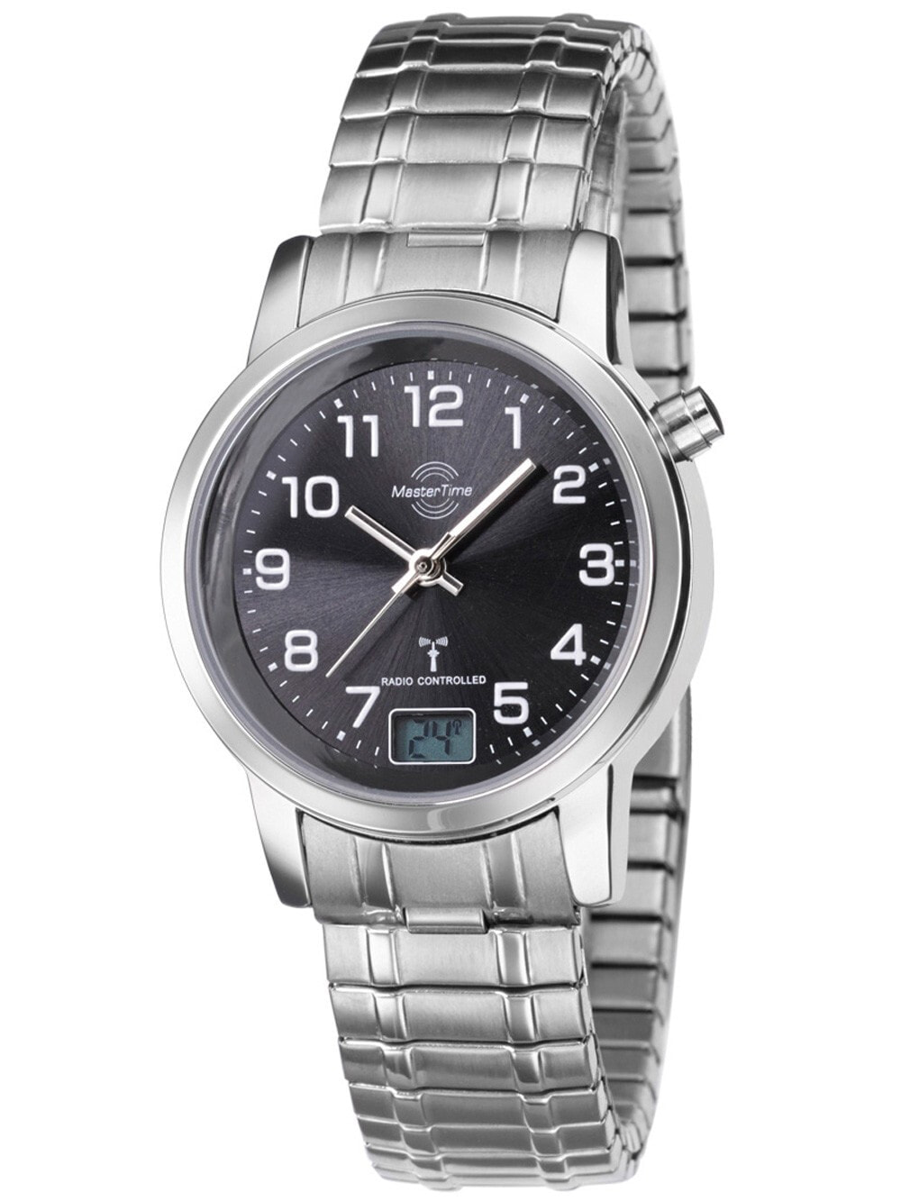 Женские наручные кварцевые часы MASTER TIME  с арабскими цифрами, ремешком из нержавеющей стали и цифровым дисплеем даты. Часы водонепроницаемы до 3 бар.