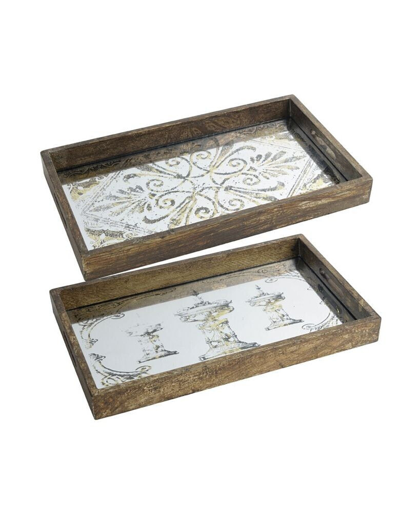 AB Home greta Rectangular Glass & Wood Trays, Large, Set of 2