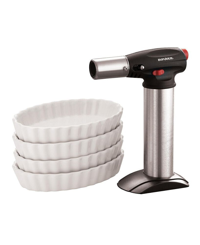 Bonjour chef's Tools 5-Pc. Butane Crème Brûlée Torch and Porcelain Ramekin Set