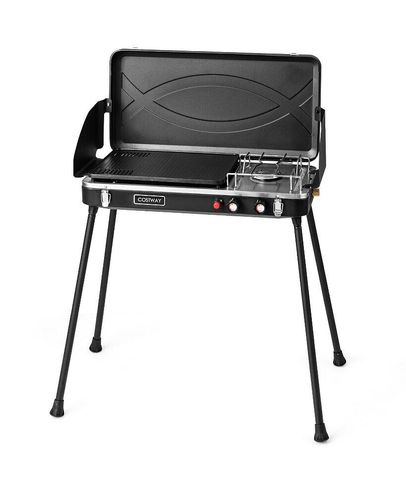 Slickblue 2-in-1 Gas Camping Grill and Stove with Detachable Legs-Black