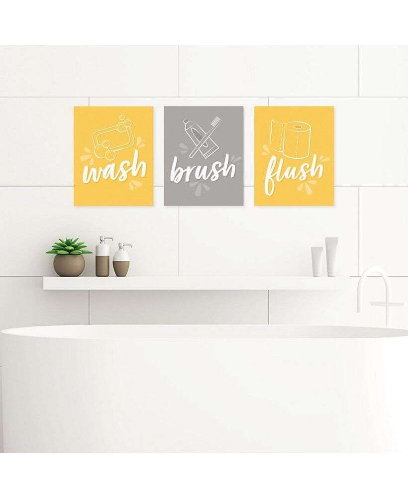 Big Dot of Happiness modern Yellow and Gray Unframed Wash, Brush, Flush Wall Art 8 x 10 in Set of 3