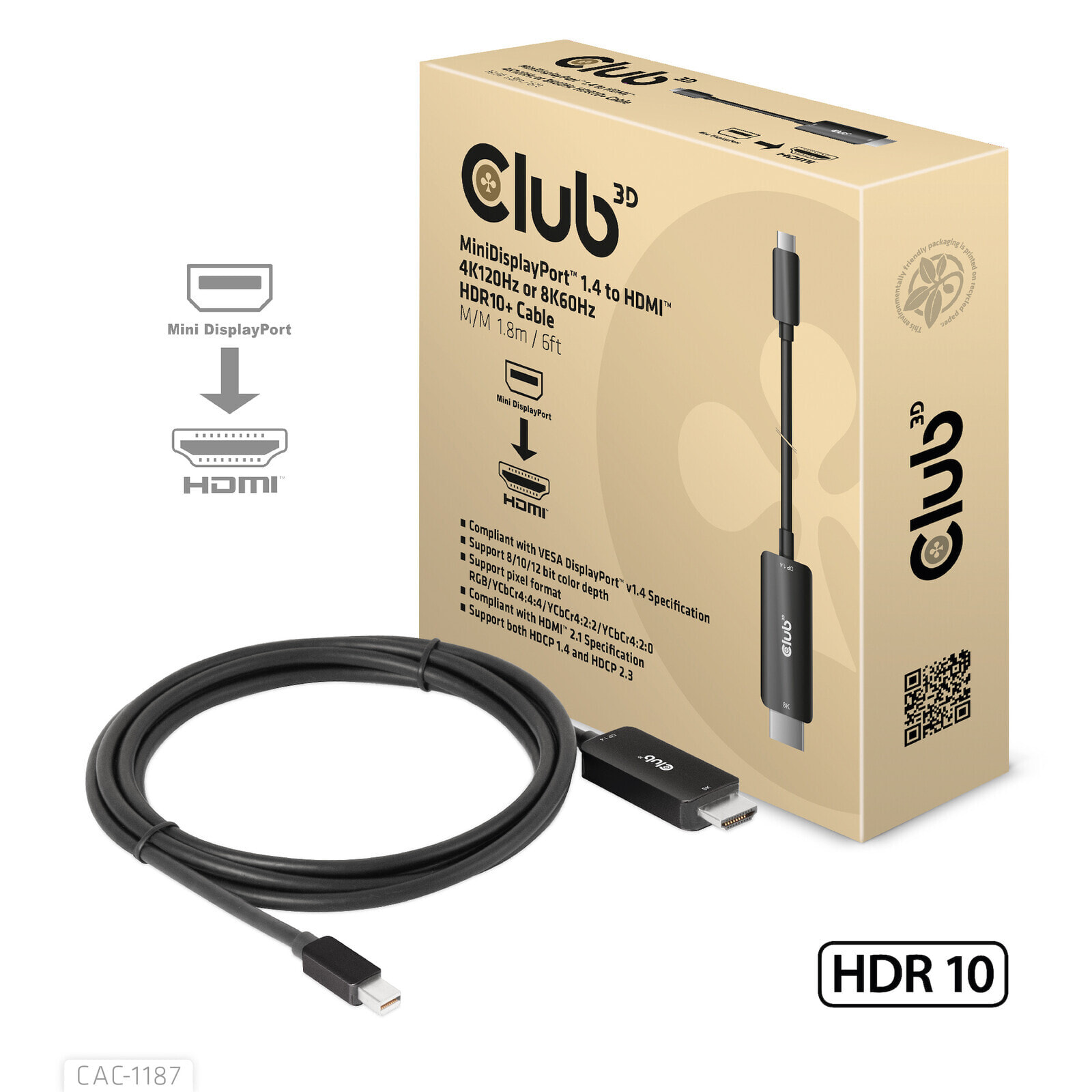 CLUB3D CAC-1187 видео кабель адаптер 1,8 m Mini DisplayPort HDMI Черный