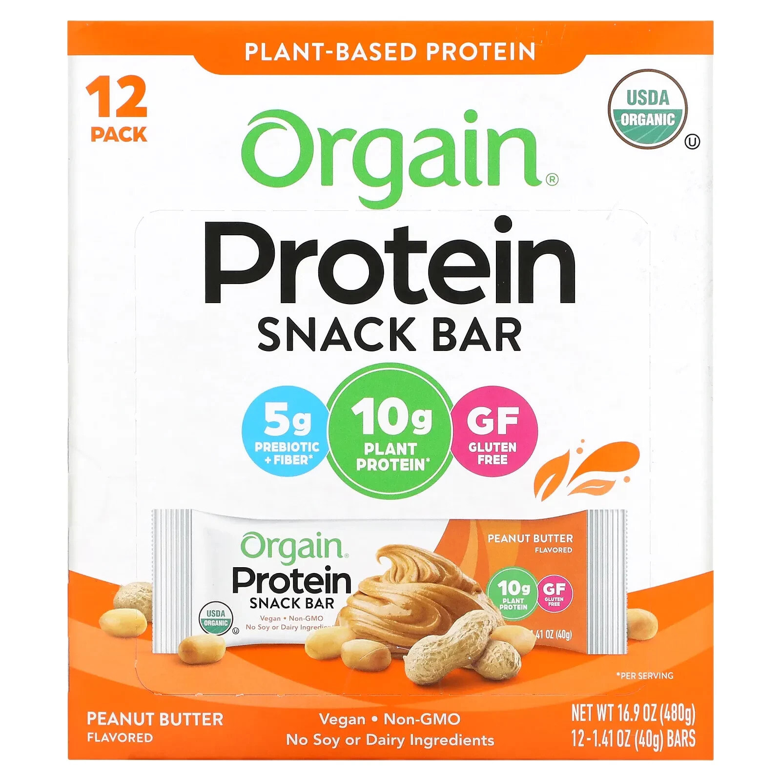 Organic Plant-Based Protein Bar, Peanut Butter Chocolate Chunk, 12 Bars, 1.41 oz (40 g) Each