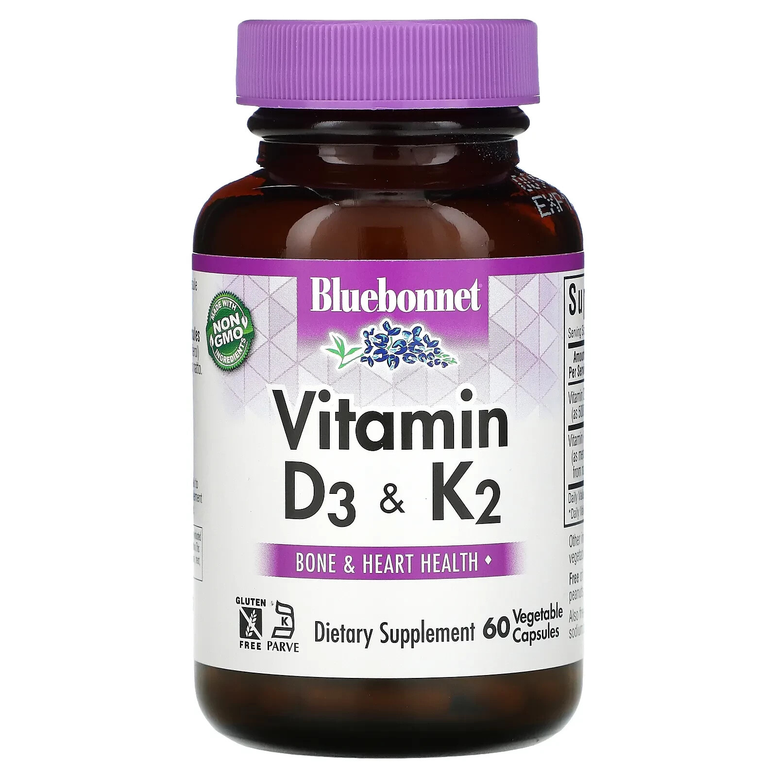 Bluebonnet Nutrition, витамины D3 и K2, 60 вегетарианских капсул