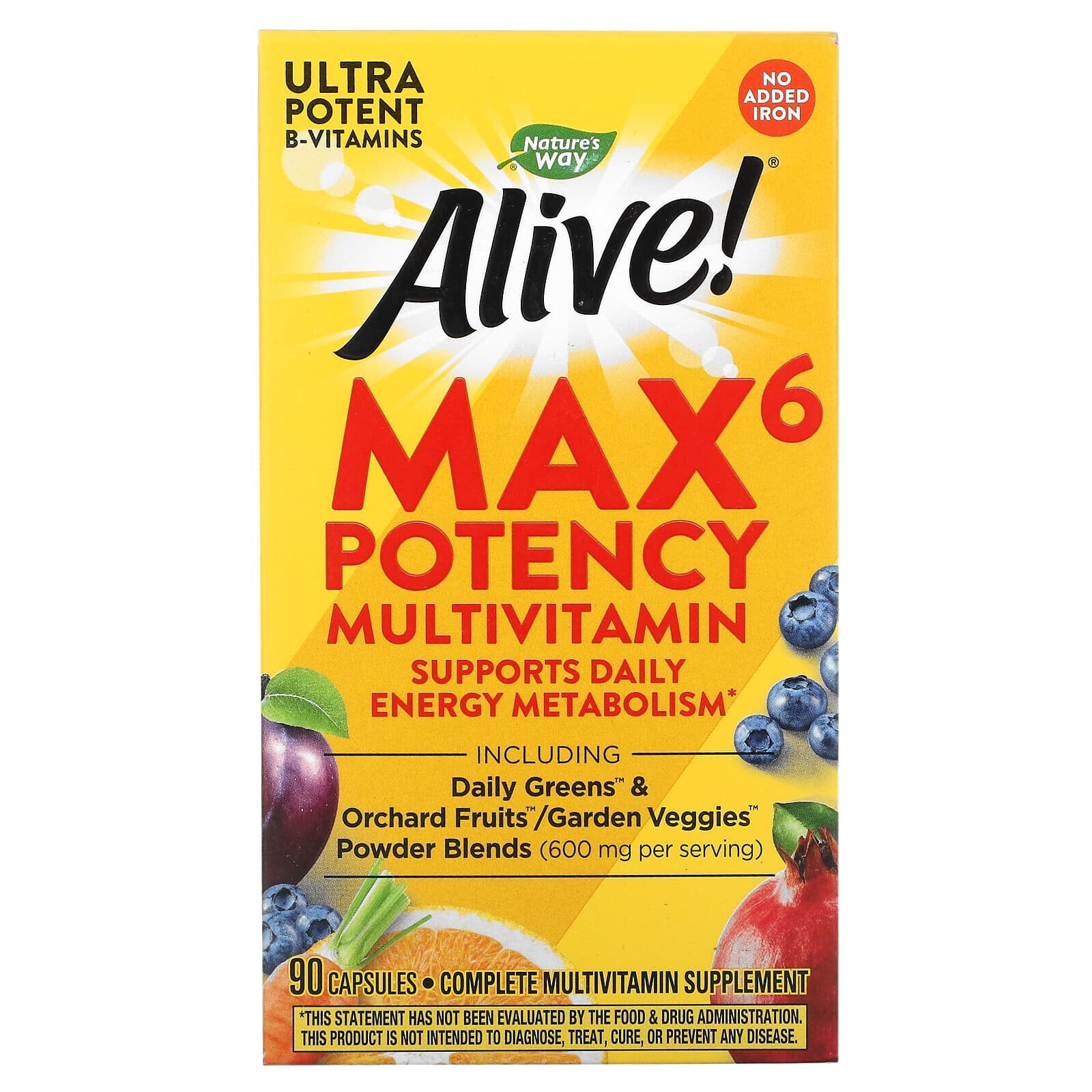 Натурес Вэй, Alive! Max6 Potency, мультивитамины повышенной эффективности, без добавления железа, 90 капсул