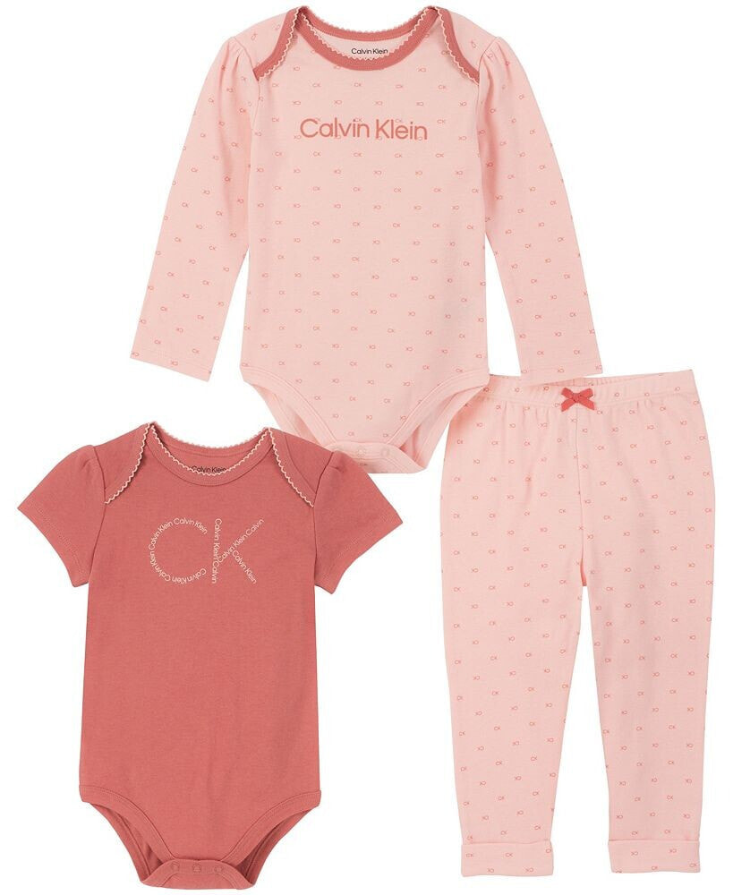 Calvin Klein baby Girls Logo Print Bodysuits and Joggers, 3-Piece Set