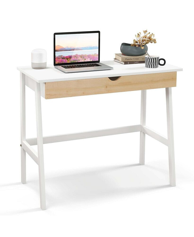 Costway computer Desk Wooden Workstation Vanity Table w/ 1 Drawer & Rubber Wood Legs