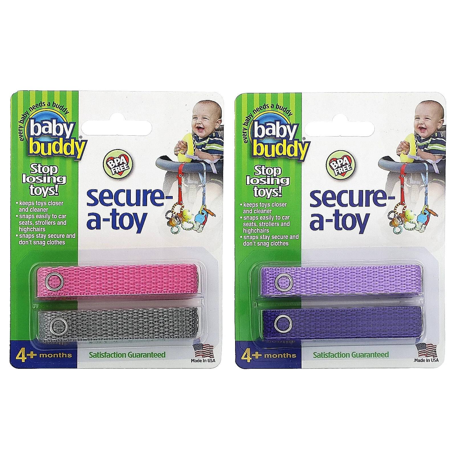 Secure-A-Toy, 4+ Months, Purple/Lilac & Pink/Gray, 4 Straps