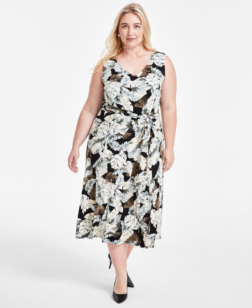 Kasper plus Size Rhonda Printed Tie-Waist Fit & Flare Dress