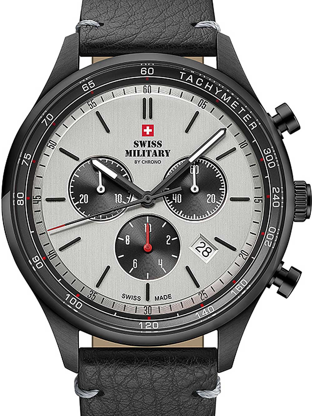 Мужские наручные часы с черным кожаным ремешком Swiss Military SM34081.11 chrono 42mm 10ATM