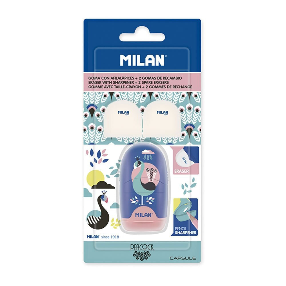 MILAN Blister Pack Eraser With Pencil Sharpener Capsule Peacock+2 Spare Erasers