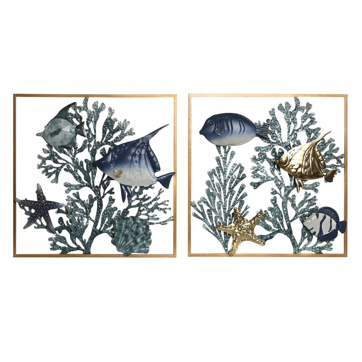 Wall Decoration Home ESPRIT Blue Golden Mediterranean Fish 50 x 4 x 50 cm (2 Units)