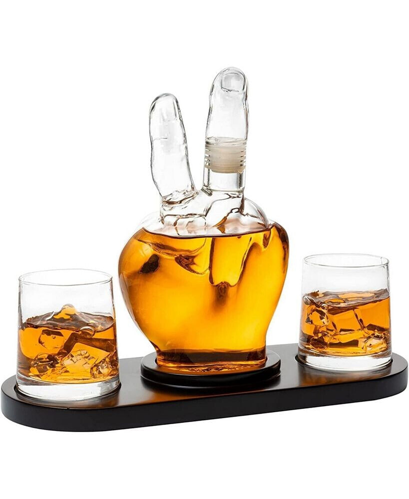 The Wine Savant glass Peace Sign Wine and Whiskey Decanter with 10 oz Glasses Set, 4 Piece