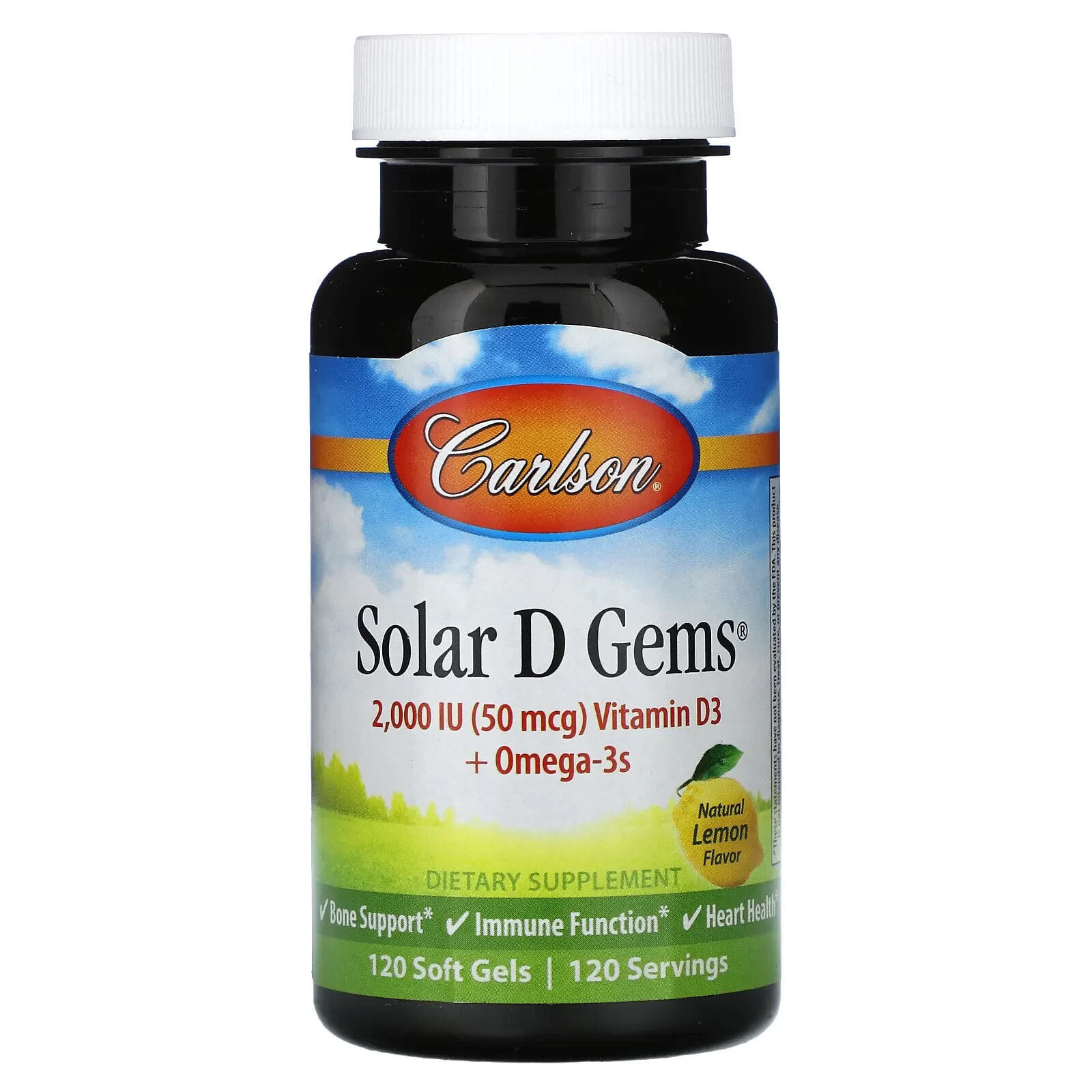Carlson, Solar D Gems, натуральный лимон, 100 мкг (4000 МЕ), 120 мягких таблеток