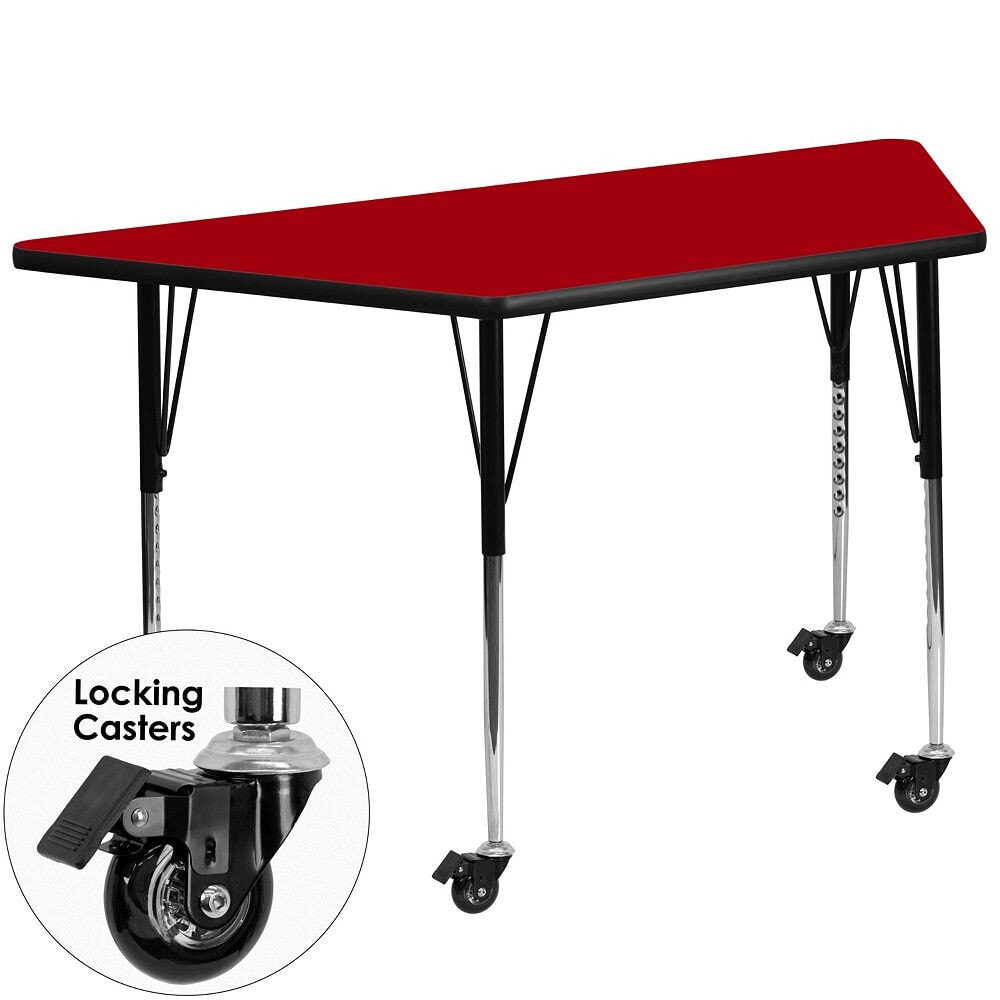 Flash Furniture mobile 29.5''W X 57.25''L Trapezoid Red Thermal Laminate Activity Table - Standard Height Adjustable Legs