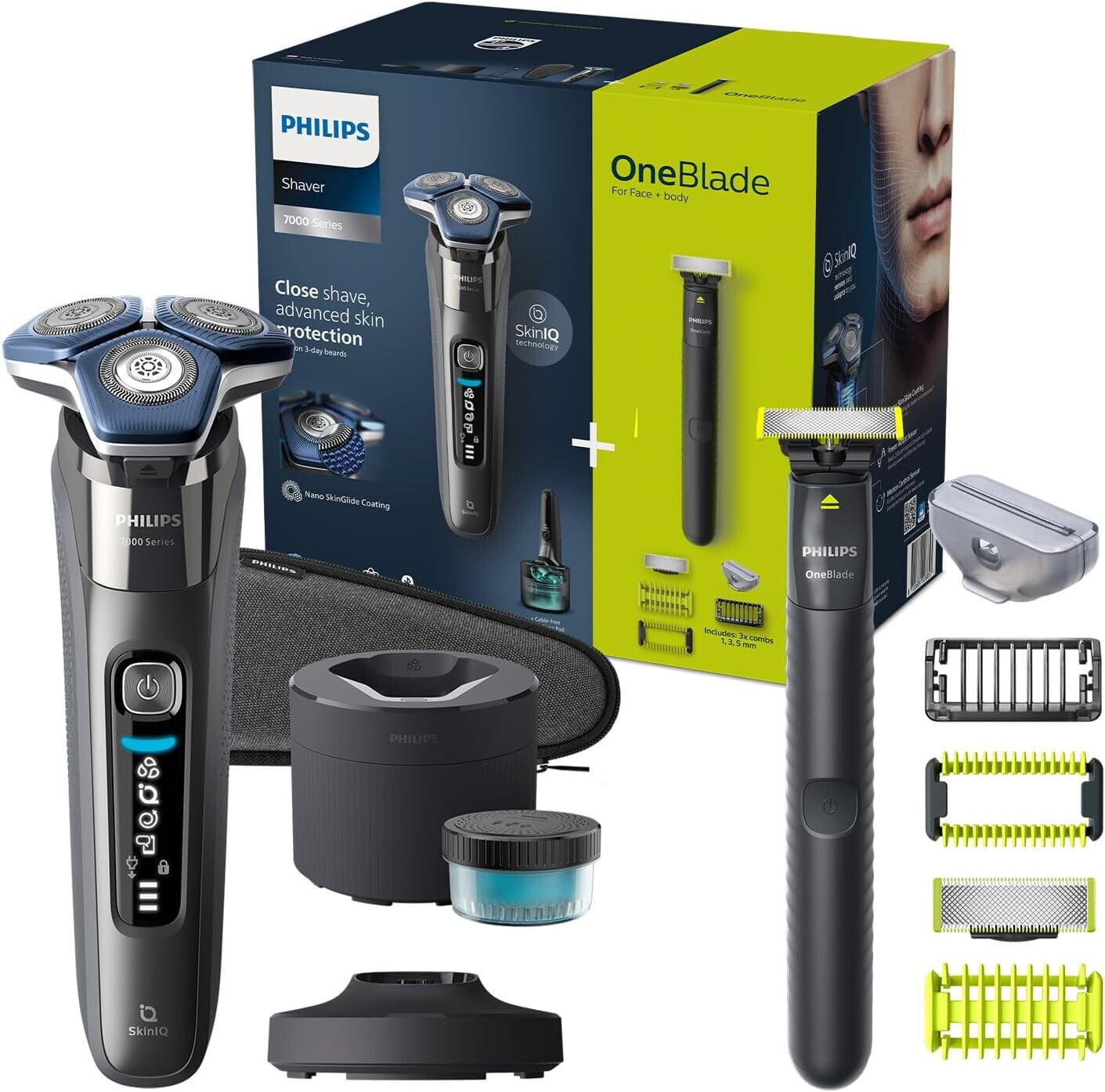 Philips Shaver Series 7000 Electric Wet and Dry Shaver with SkinIQ in Dark Chrome with Fold-Out Trimmer, Cleaning Station, Cleaning Cartridge & Philips OneBlade (Models S7887/78)