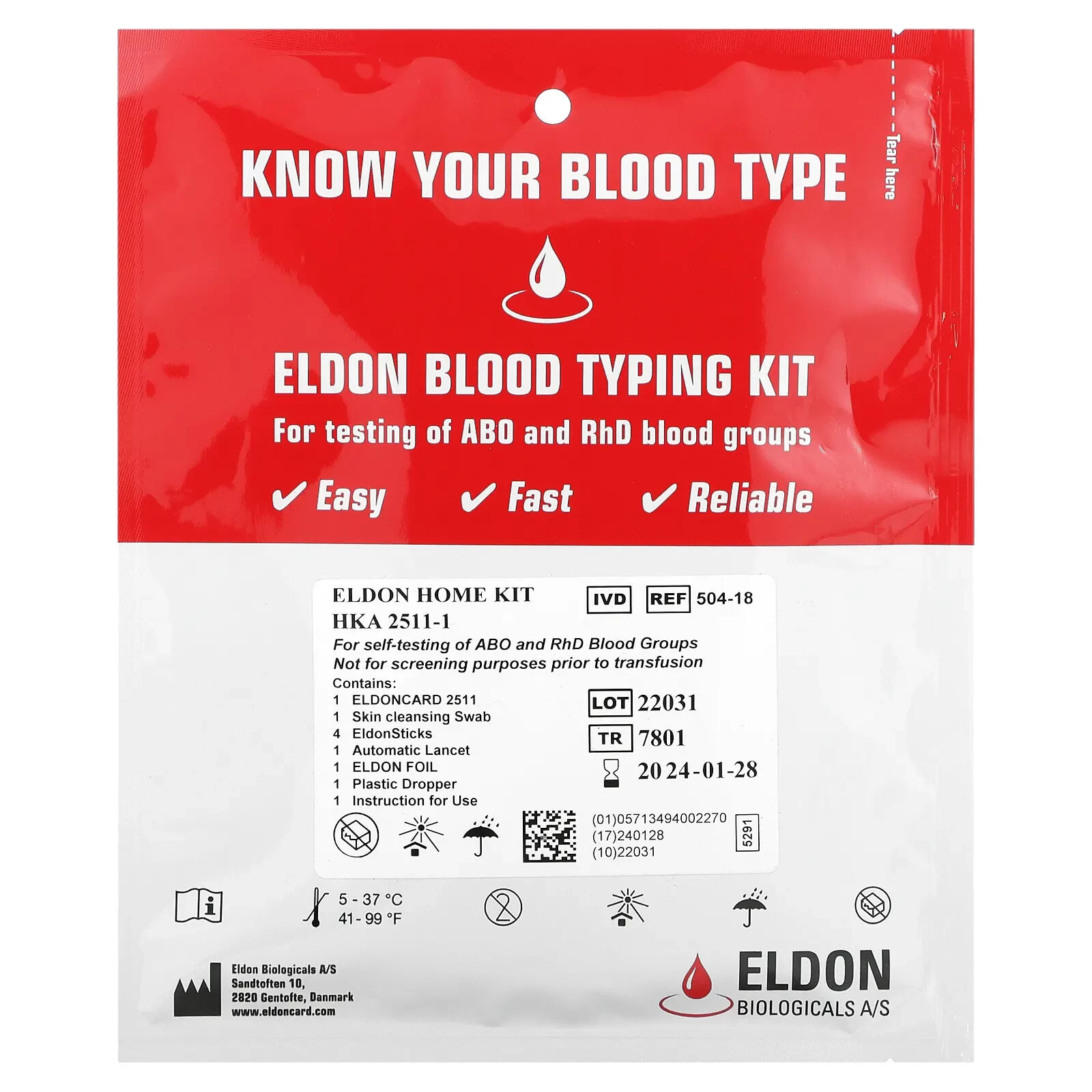 D'Adamo Personalized Nutrition, Eldon, Набор для определения типа крови, 1 набор для самостоятельного тестирования