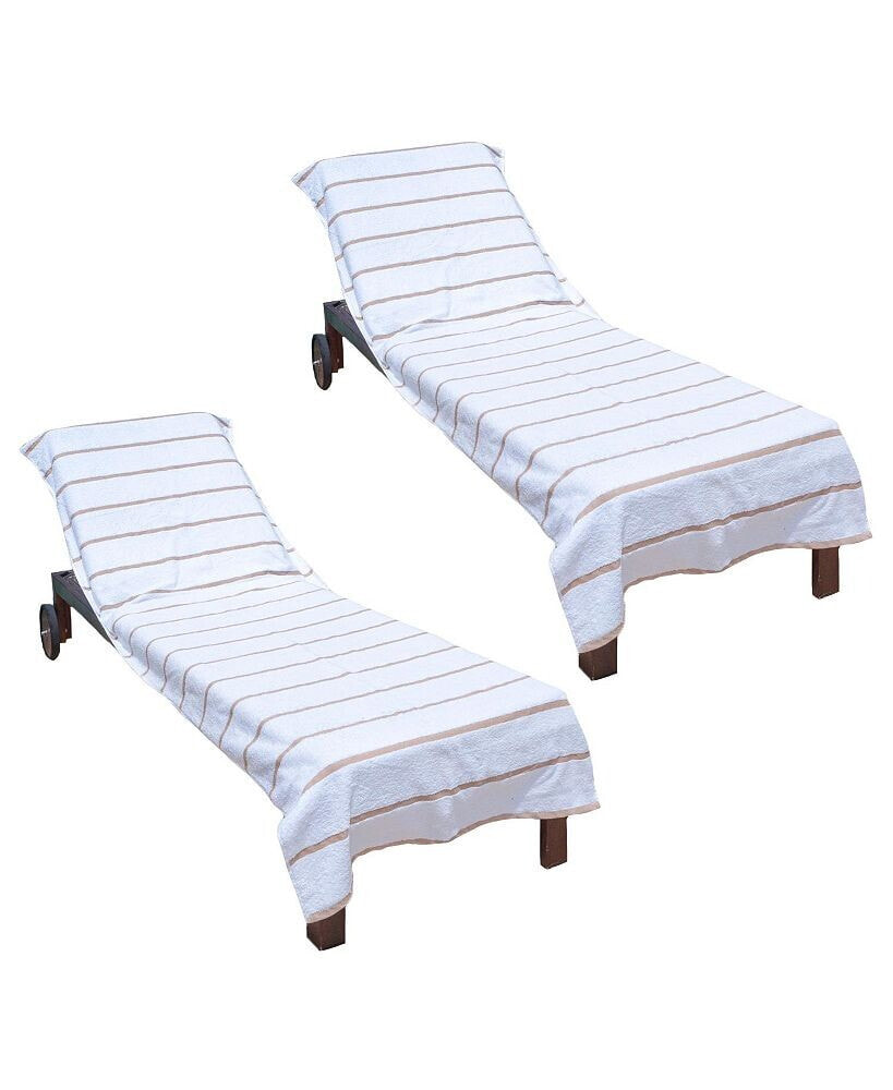 Arkwright Home chaise Lounge Cover (Pack of 2, 30x85 in.), Cotton Terry Towel with Pocket to Fit Outdoor Pool or Lounge Chair, White with Colored Stripes