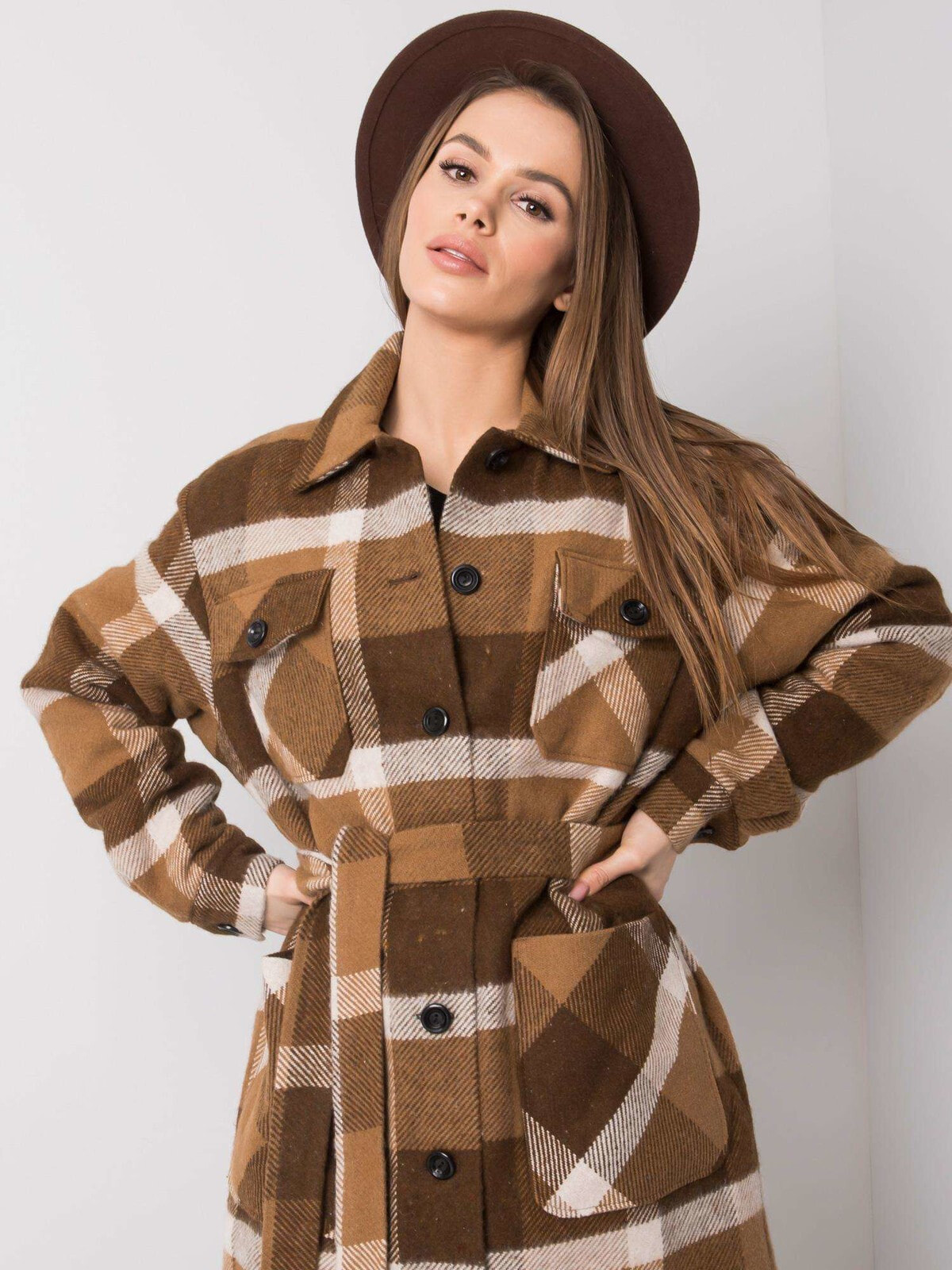 Удлиненное коричневое клетчатое пальто с поясом Factory Price