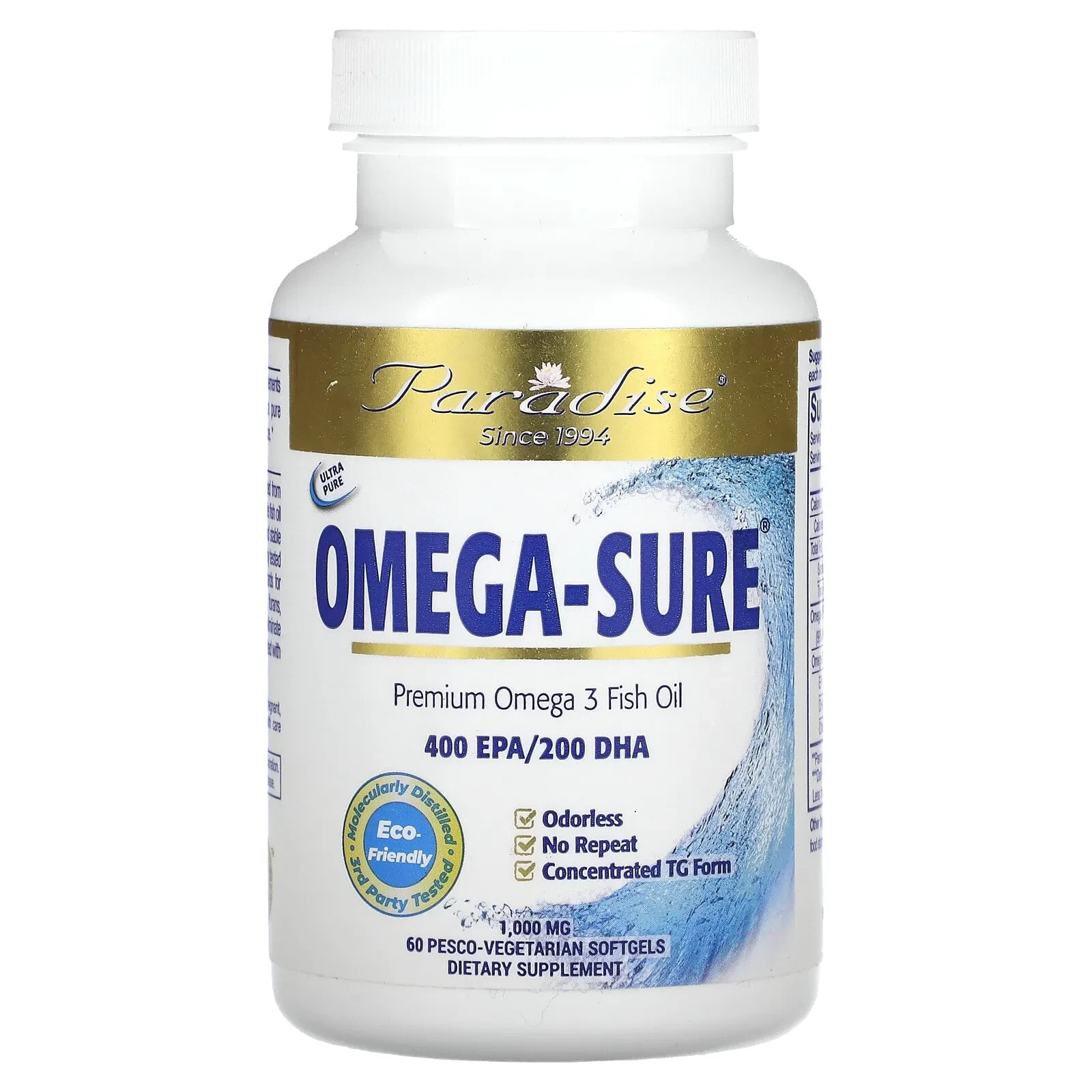 Парадайз Хербс, Omega Sure, концентрат омега-3, 1000 мг, 30 капсул в растительной оболочке Pesco