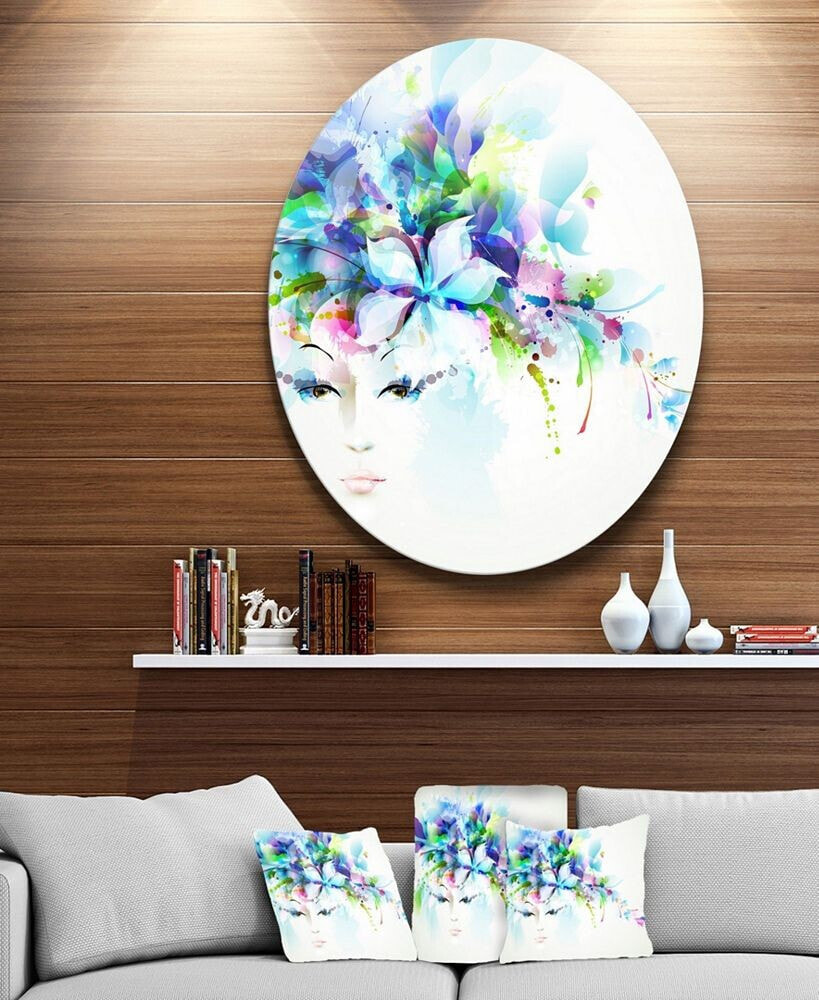 Designart 'Woman With Blue Flowers' Floral Circle Metal Wall Art - 23