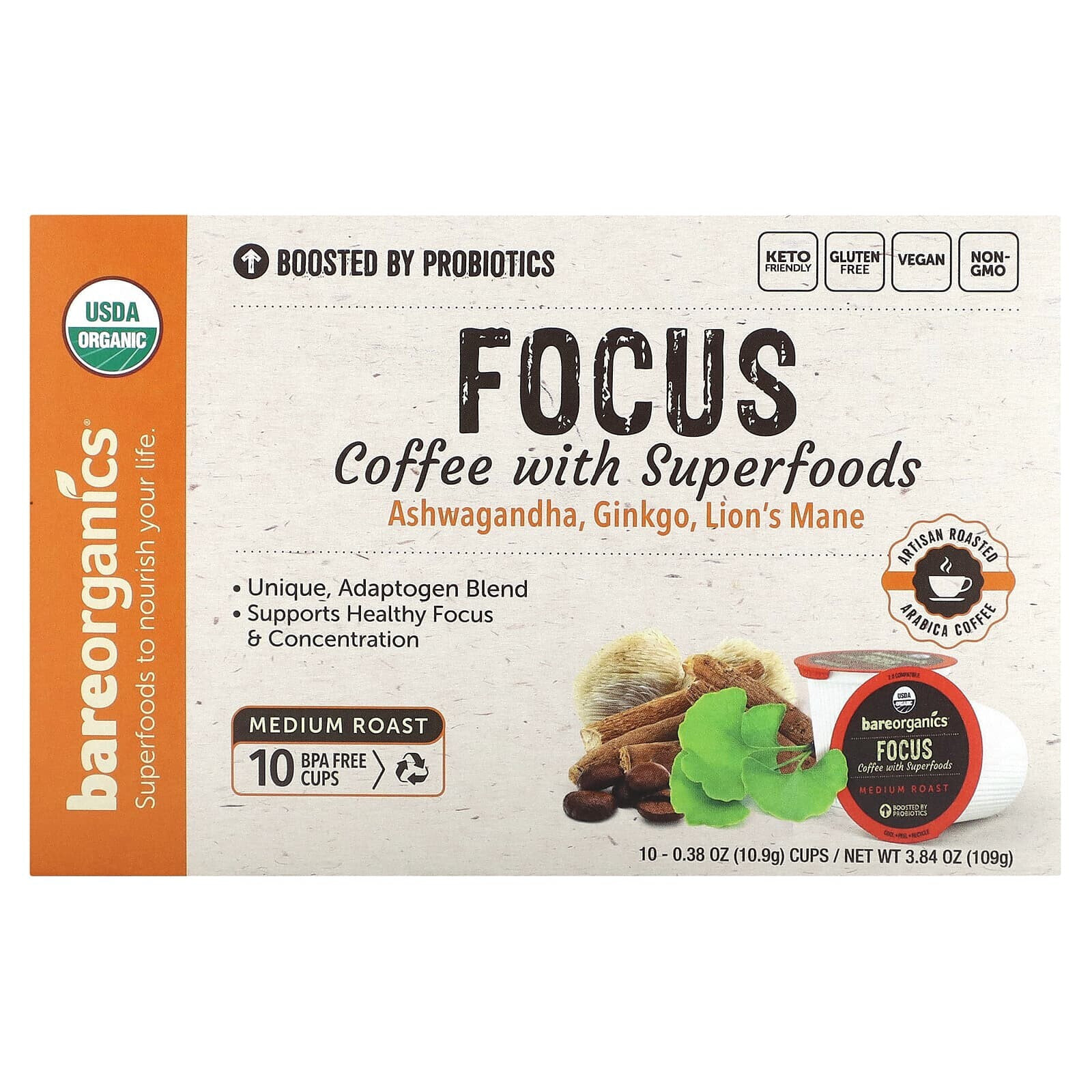 Focus, Coffee with Superfoods, Medium Roast, 10 Cups, 0.38 oz (10.9 g) Each