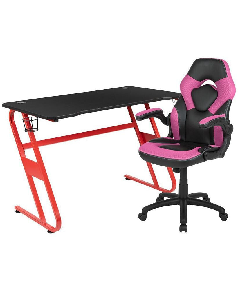 EMMA+OLIVER gaming Desk And Racing Chair Set With Cup Holder And Headphone Hook