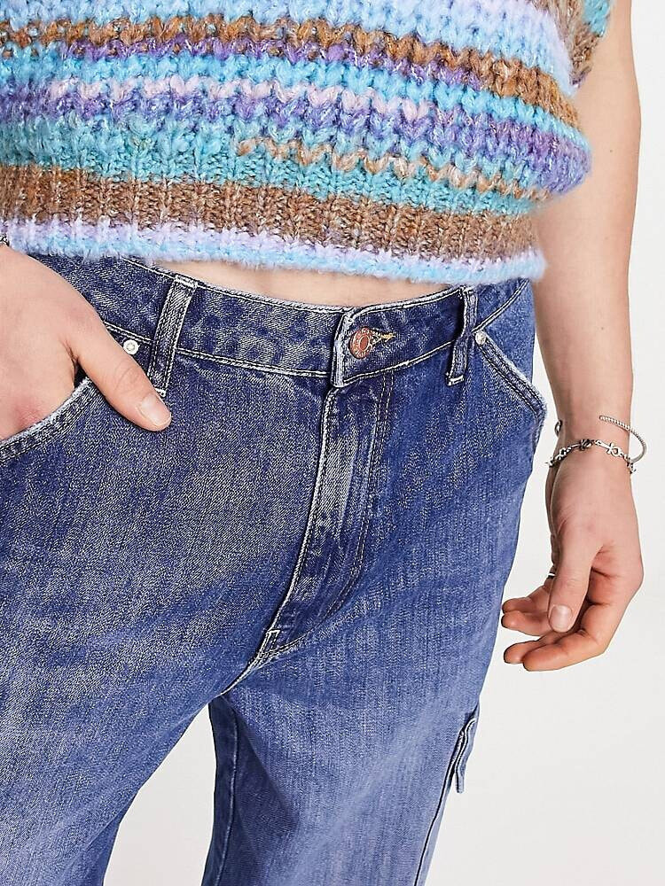 ASOS DESIGN wide leg jeans with cargo pockets in dark wash blue