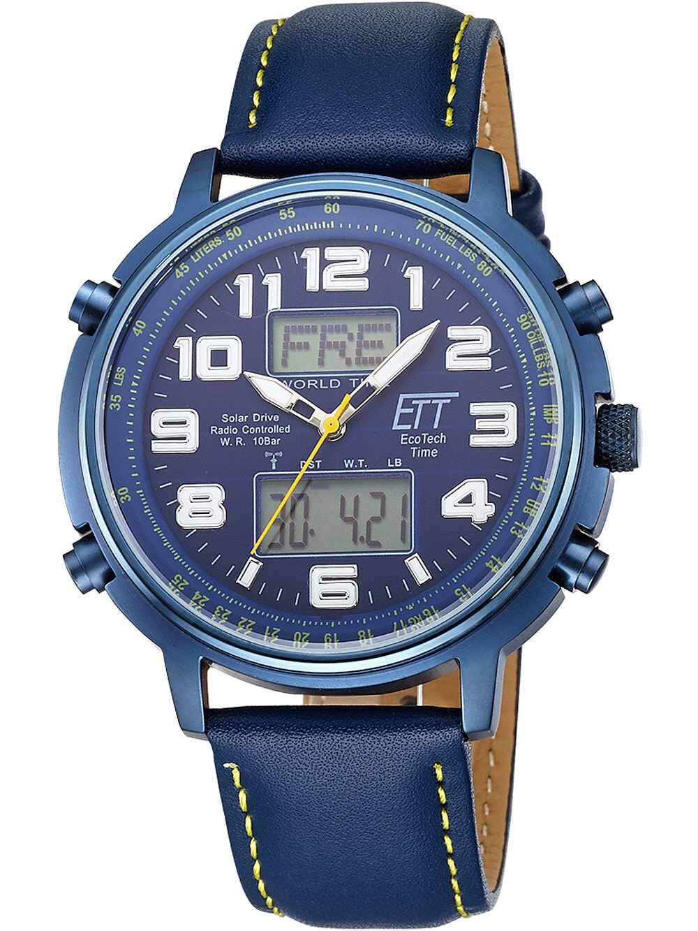 Мужские наручные часы с синим кожаным ремешком  ETT EGS-11450-32L Solar Drive radio contr. Hunter II 48mm 10ATM