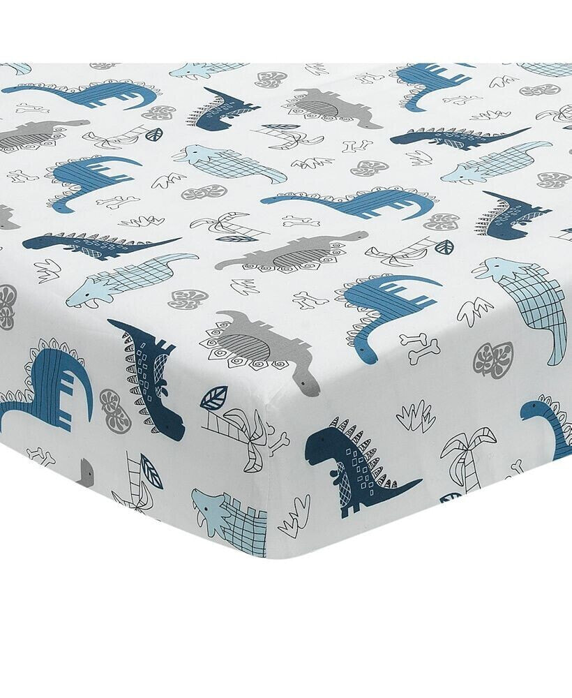 Lambs & Ivy baby Dino 100% Cotton Blue/White/Gray Dinosaur Fitted Crib Sheet