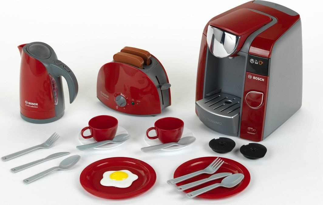 Игрушечный кухонный набор Klein. В набор входит: кофемашина со звуковыми эффектами, тостер, чайник, 2 чашки, 2 подставки, 2 тарелки, столовые приборы, 2 кофейные капсулы, тост и жареное яйцо. Бордовый.
