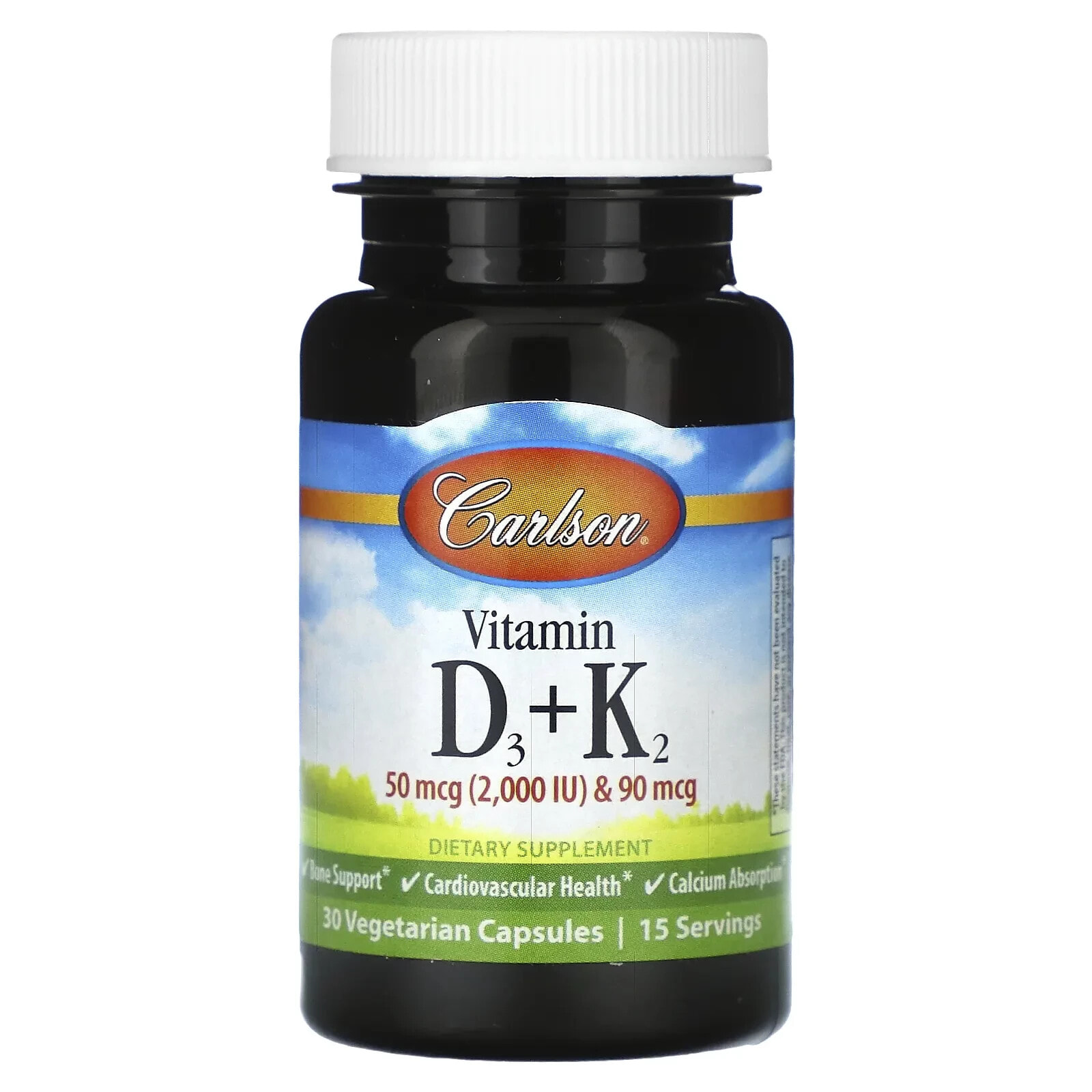 Carlson, Витамин D3 + K2, 30 вегетарианских капсул