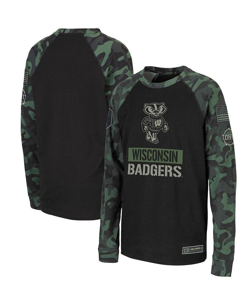 Youth Boys Black, Camo Wisconsin Badgers OHT Military-Inspired Appreciation Raglan Long Sleeve T-shirt