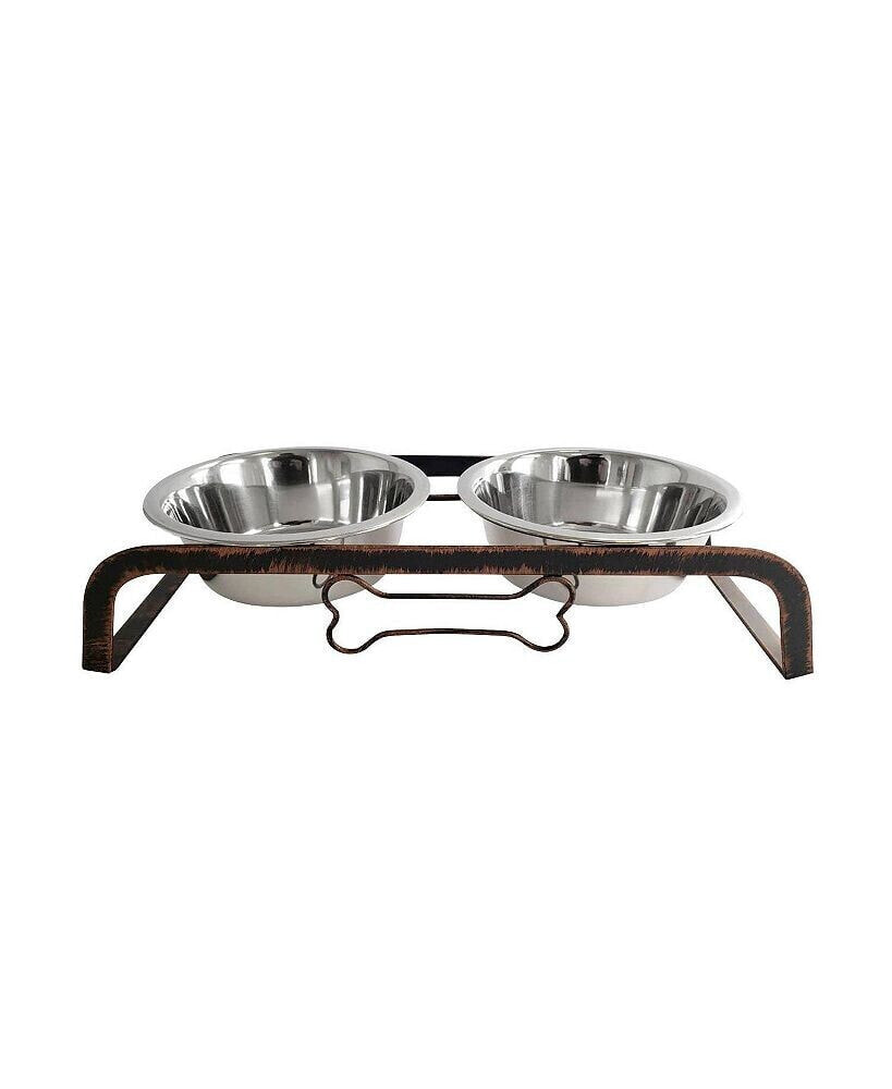 Rustic Elevated Dog Bone Feeder with 2 Stainless Steel Bowls, 2qt