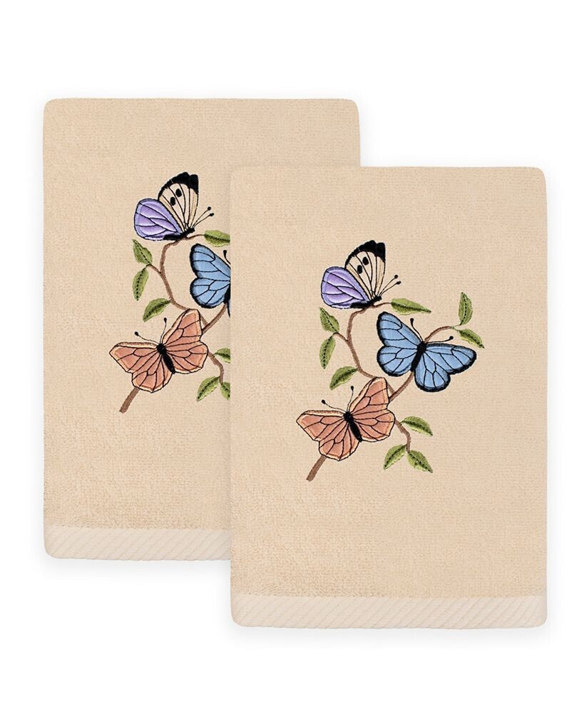 Textiles Spring Butterflies Embroidered Luxury 100% Turkish Cotton Hand Towels, Set of 2, 30