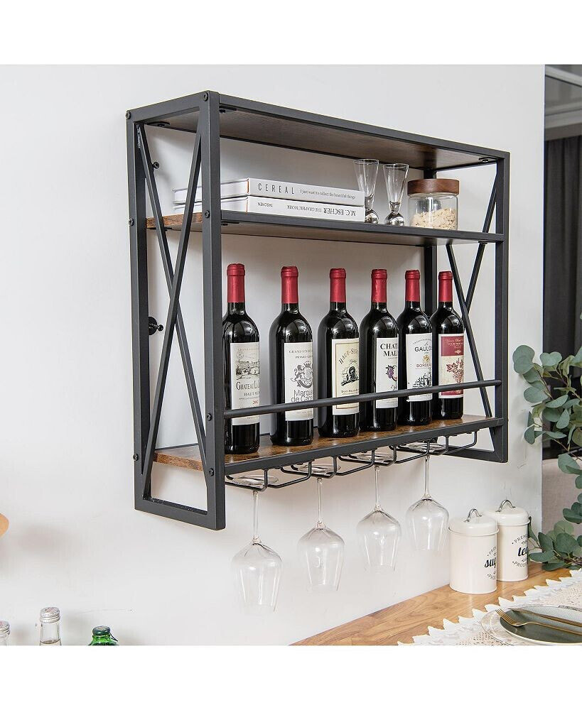 SUGIFT 3-Tiers Industrial Wall Mounted Wine Rack with Glass Holder and Metal Frame