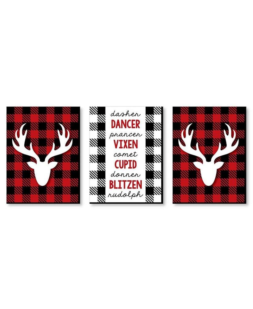 Big Dot of Happiness prancing Plaid - Wall Art Buffalo Plaid Christmas Decor - 7.5 x 10 - Set of 3