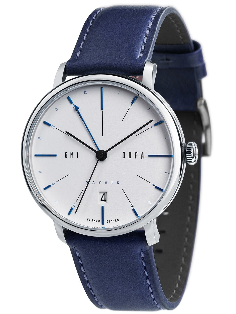 Мужские наручные часы с синим кожаным ремешком  DuFa DF-9030-01 Sapphire Mens 40mm 3ATM