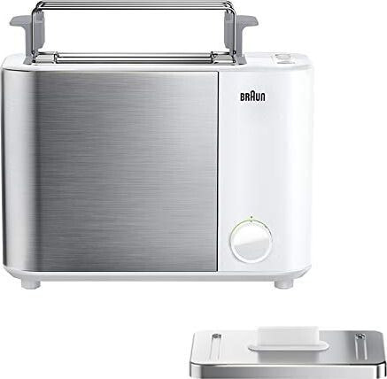 Toster Braun Braun IDCollection Toster HT5010 WH - z podwójną szczeliną, funkcją bajgla do jednostronnego opiekania, 13 stopni opiekania, funkcją rozmrażania, w tym przystawka do bułki, 1000 W, biały / stal nierdzewna