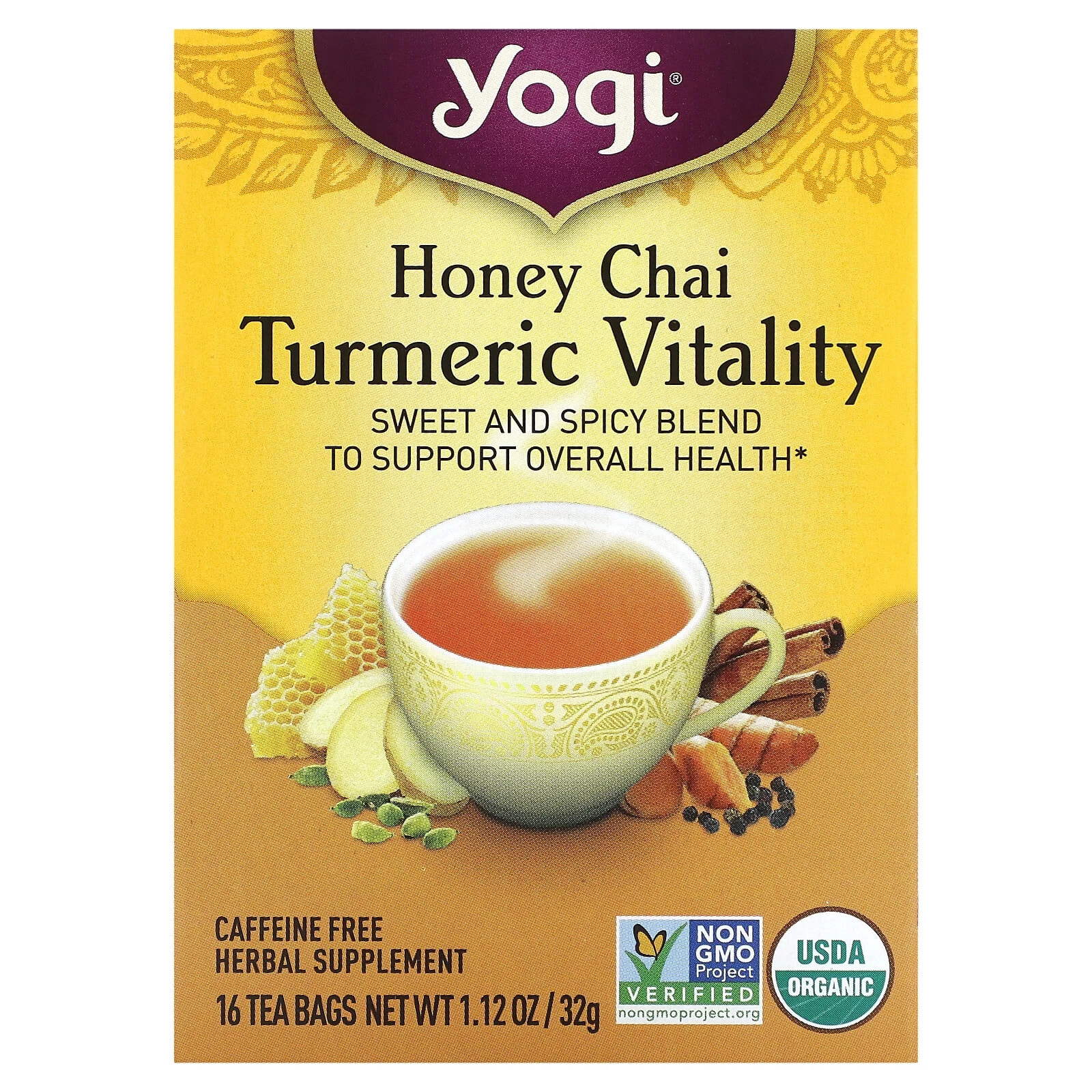 Yogi Tea, Sweet Ginger Citrus Turmeric Vitality, без кофеина, 16 чайных пакетиков, 1,12 унции (32 г)